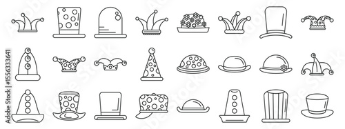 Clown hat icons set. Collection of jester hats showcasing various styles, designs, and decorations, ideal for costumes, parties, and festive occasions