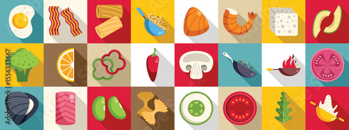 Flying asian food icons set. Flat design icons showcasing a variety of food items, from fresh produce to cooked dishes, creating a vibrant culinary scene