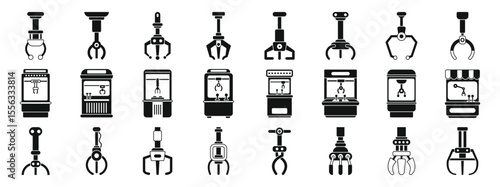 Claw machine game icons set. Different grabber machine manipulator catching toys in arcade game simple icons set isolated on white background for web design