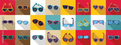 Broken glasses icons set. Colorful set of broken sunglasses with cracks and scratches, representing various damage types and fashionable frame designs