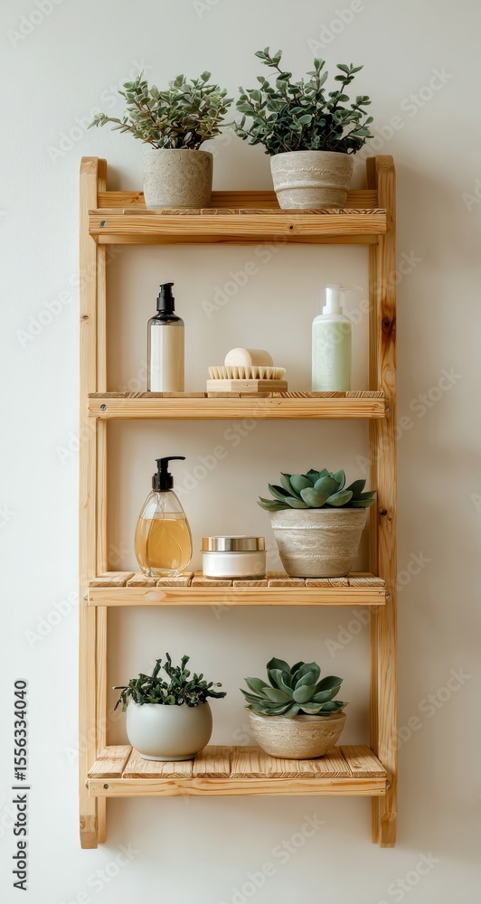 Fototapeta premium Wooden shelf with plants and toiletries
