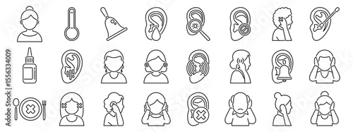 Otitis symptoms icons set. Comprehensive set of icons representing ear related problems, including earache, hearing loss, and tinnitus, along with preventive measures