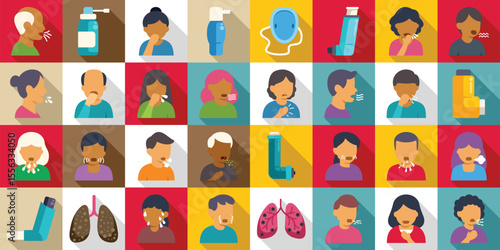 Asthma symptoms icons set. Asthma, allergy, flu and coronavirus symptoms and treatments, including coughing, sneezing, shortness of breath and using inhalers and nebulizers