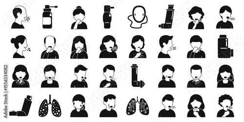 Asthma symptoms icons set. Collection of monochrome icons representing people coughing, sneezing, and experiencing respiratory issues, along with inhalers, nebulizers, and lungs