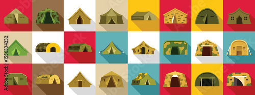Military tent icons set. Various military camping tent icons showcasing different shelter styles and camouflage patterns used by soldiers in the field