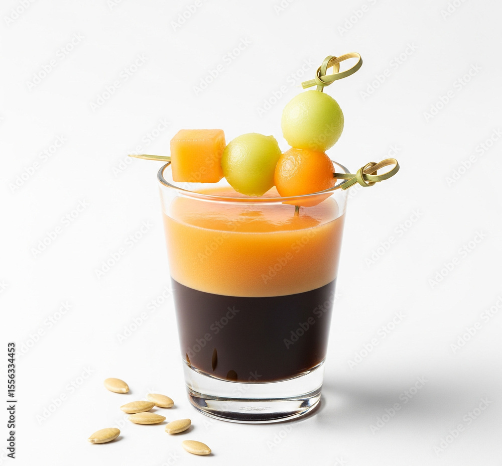 Fototapeta premium Espresso glass layered with cantaloupe juice, cantaloupe cubes, melon balls on cocktail picks, and seeds styled beside on white background