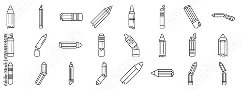 Broken pencil icons set. Set of broken pencils and crayons, illustrating various states of damage and wear