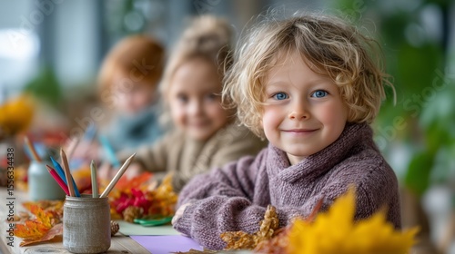 Creative kids crafting with nature classroom photography bright environment close-up view imagination unleashed