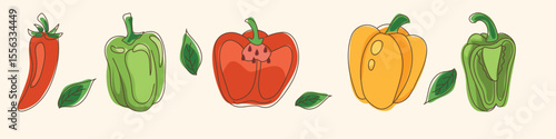Colorful vegetable mix with chili, red, yellow and green bell peppers and leaves in flat cartoon style on warm background