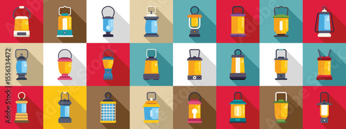 Camp lantern icons set. Collection of camping lantern icons representing various portable light sources suitable for illuminating campsites, tents, and outdoor activities
