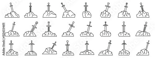 Sword stone icons set. Line art icons of swords stuck in rocks, symbolizing victory, challenge, or end of conflict