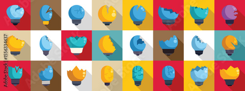 Broken bulb icons set. Colorful set of broken light bulbs representing a lack of ideas, innovation, and creative thinking