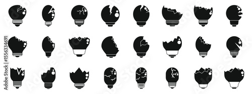 Broken bulb icons set. Different types of broken light bulbs representing a lack of ideas, burnout, and potential danger
