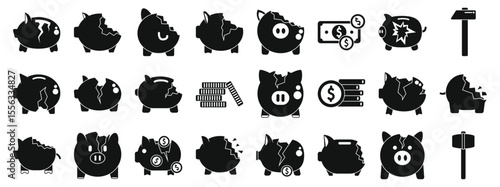 Broken piggy bank icons set. Black silhouettes of broken piggy banks illustrate savings loss, financial ruin, and economic hardship