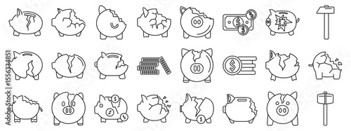 Broken piggy bank icons set. Set of broken piggy bank icons representing losing money, financial crisis, bankruptcy, and economic difficulties