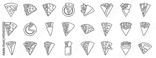 Sweet crepe icons set. Various styles of pizza slices and folded crepes with different toppings, fillings, and presentation