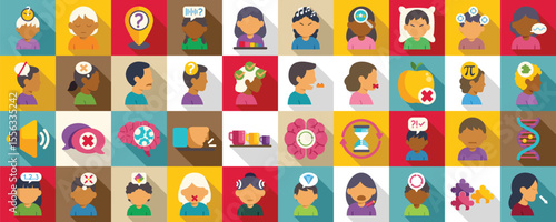 Autism symptoms icons set. Colorful icons representing various symptoms and challenges associated with dyslexia, including difficulties with reading, writing, speaking, and memory
