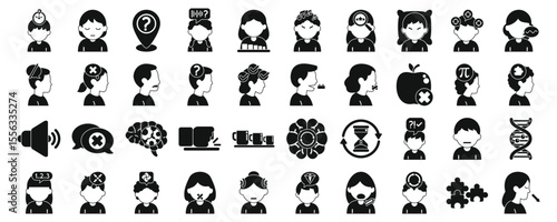 Autism symptoms icons set. Icons depicting people experiencing various mental states and emotions, such as anxiety, stress, confusion, and relaxation