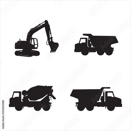 Collection of silhouetted construction vehicles including excavator and dump trucks