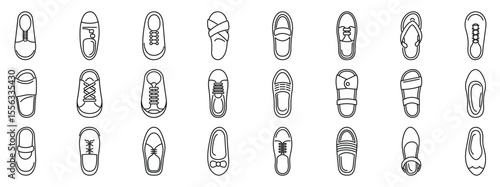 Shoes top view icons set. Diverse footwear icons showcasing various designs for different occasions and preferences