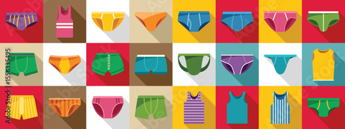 Man underwear icons set. Flat design icons of briefs, boxers, and tank tops showcasing men s undergarments in a vibrant color palette