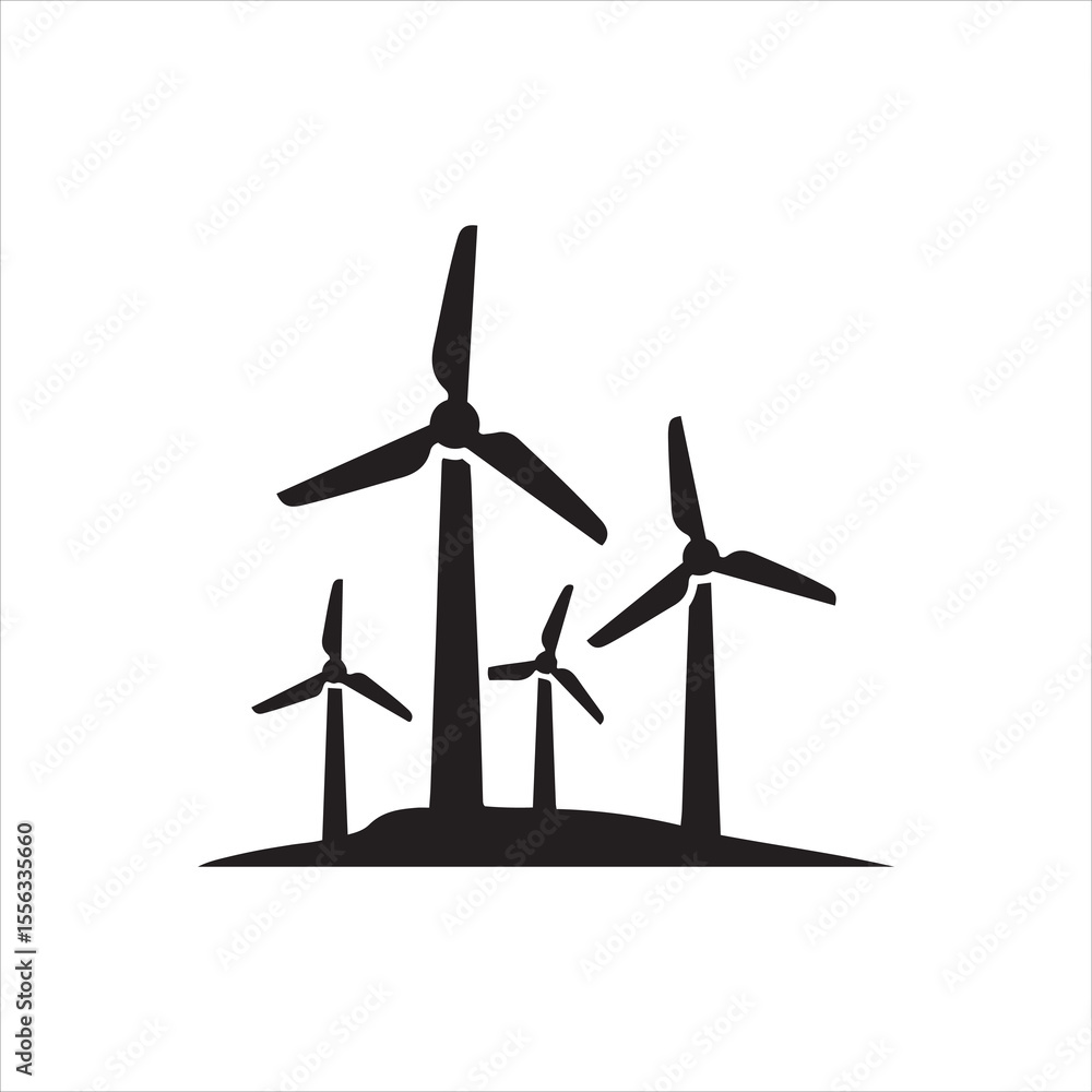 Obraz premium Silhouettes of multiple wind turbines generating clean energy on a white background
