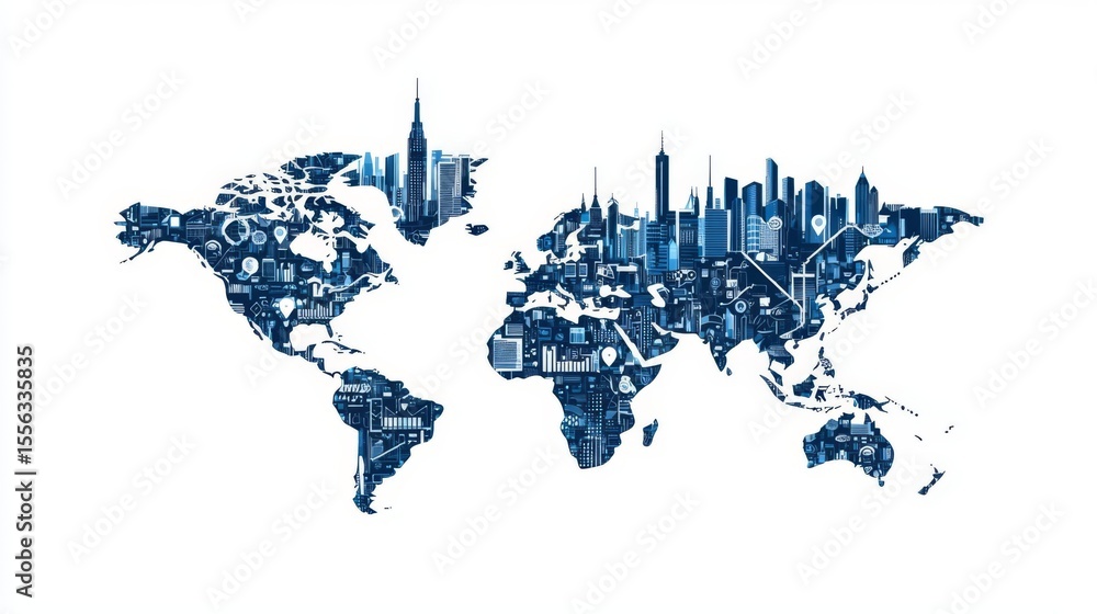 custom made wallpaper toronto digitalA stylized world map featuring iconic buildings, symbolizing global architecture and cultural diversity.