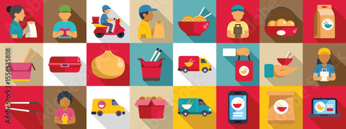 Chinese food delivery icons set. Icons representing various aspects of food delivery services, including online ordering, delivery vehicles, and traditional asian dishes