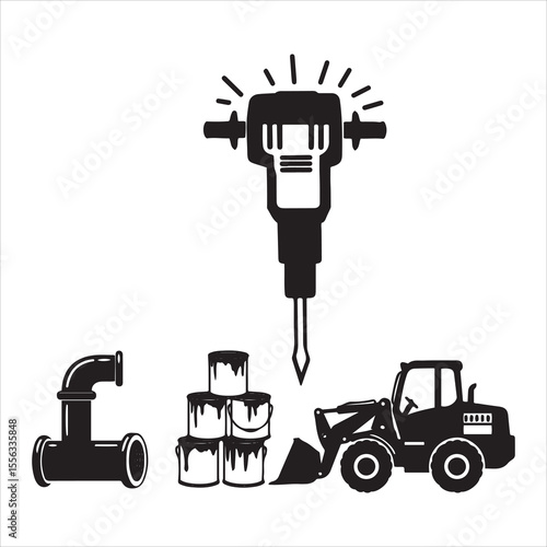 Construction tools and materials including jackhammer loader and plumbing pipes