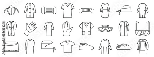 Surgical gown icons set. Line icons representing various ppe items used by doctors, nurses, and other healthcare workers, ensuring safety and hygiene in medical settings