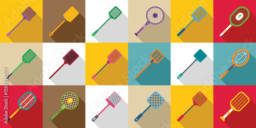 Fly swatter icons set. Flyswatters icons set with long shadow presenting different types of bug killing tools