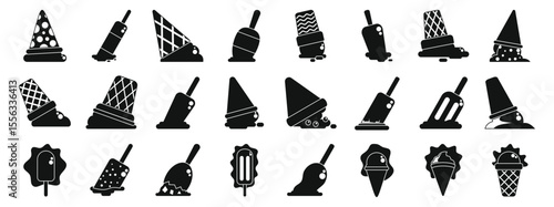 Fallen ice cream icons set. Set of black and white icons depicting various melting ice cream and popsicles, symbolizing summer heat and the need for refreshment