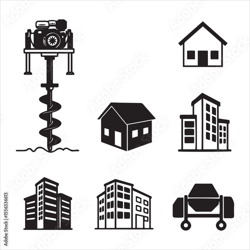 Construction and building icons including auger and cement mixer