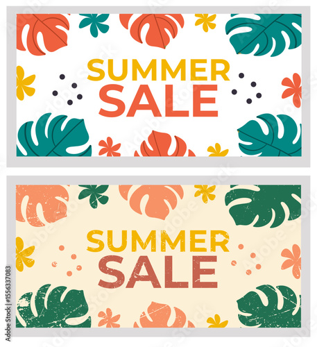 Set Summer Sale. Banner with monstera leaves, tropical motif, bright colors. Green, red and yellow elements. Vector illustration, modern and retro style.