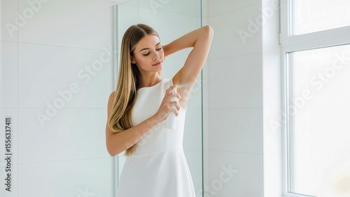 fresh and elegant: woman's body spray ritual in a modern white bathroom
