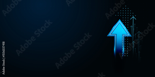 A futuristic bright blue neon arrow with a soft glow, trending upwards against a dark backdrop, conveying high-energy market surges and bullish trends in vector illustration