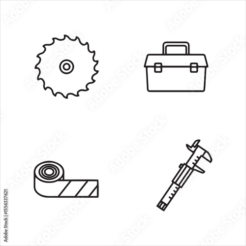 Collection of four line art icons representing tools for construction and measurement