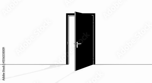 This high-quality vector illustration features an open black door with a light handle and bright white light emanating onto the floor, emphasizing entry, opportunity, and clean design.