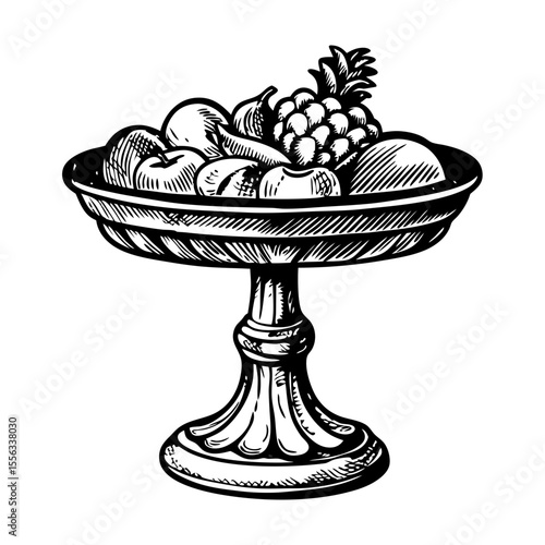 Fruit stand with apples, peaches, pineapple, and figs. Elegant fruit bowl on pedestal base filled with assorted fresh fruits.