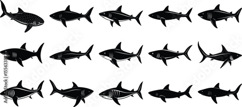 Shark Silhouette Vector Set, on white background.