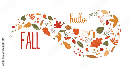 Bright autumn leaves in a gust of wind and an inscription. Autumn illustration. Autumn lettering. Different leaves. Vector illustration.