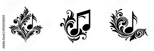Decorative musical note with curling flourishes in high-contrast black and white vector design