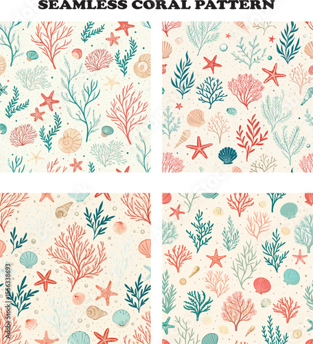 Seamless coral reef pattern with pastel seaweeds, starfish, and shells on a sandy cream background, perfect for coastal-themed textiles, beach decor, summer fashion, and wallpapers