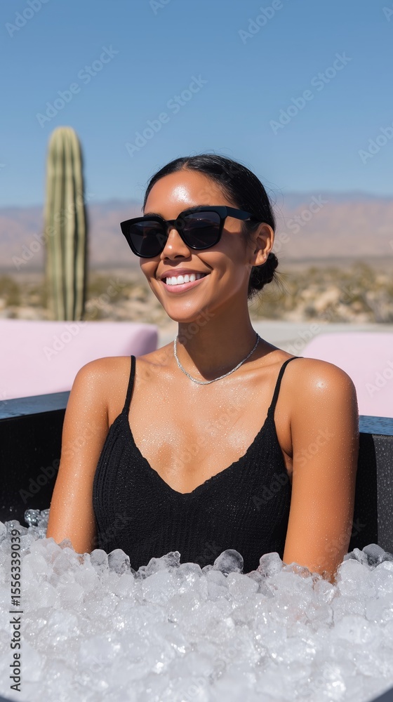 Naklejka premium Smiling Woman in Minimalist Black Ice Bath Filled with Ice Cubes in Sunny Desert Setting with Cacti