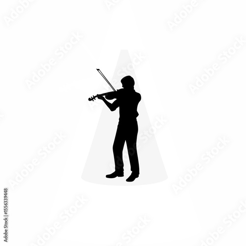 Silhouette of a violinist playing under a spotlight on white background