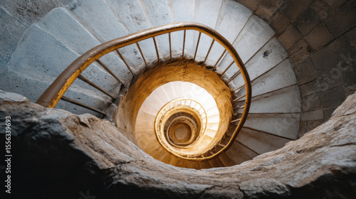 Wallpaper Mural Spiral staircase stone metal railing architectural detail circular historic interior symmetry perspective dramatic light Torontodigital.ca