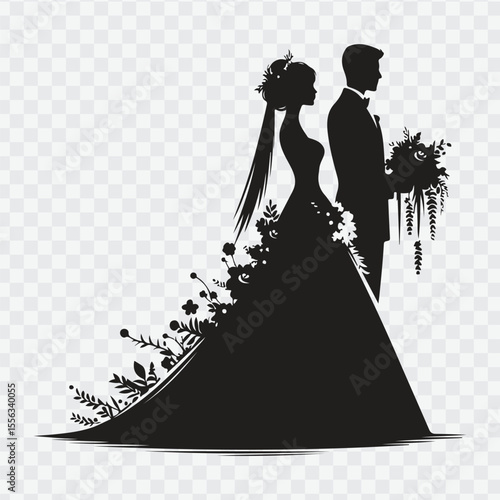 bride and groom silhouettes. Bride and groom silhouettes. Wedding silhouette black filled vector