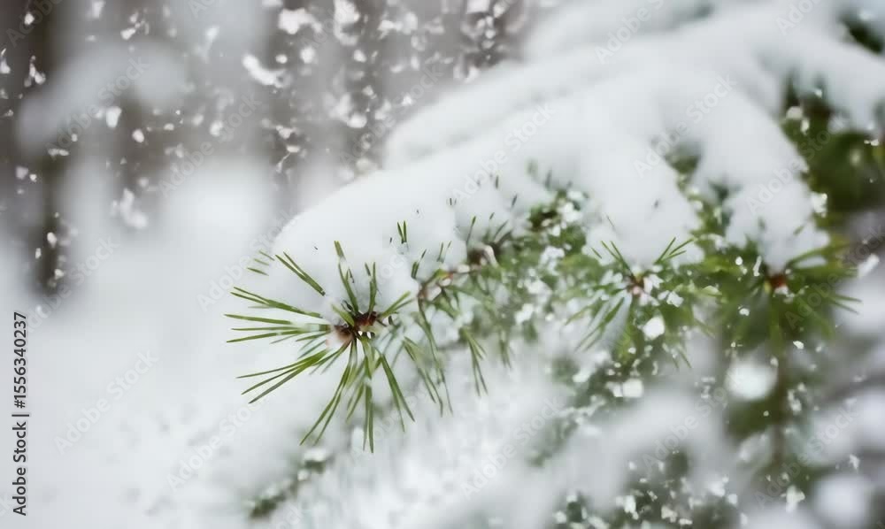 Close-up of Snow-covered Pine Branch in a Winter Forest Setting Close-up of Snow-covered Pine Branch in a Winter Forest Setting
