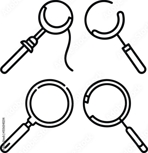 Collection of Four Simple Magnifying Glass Icons, Line Art Style