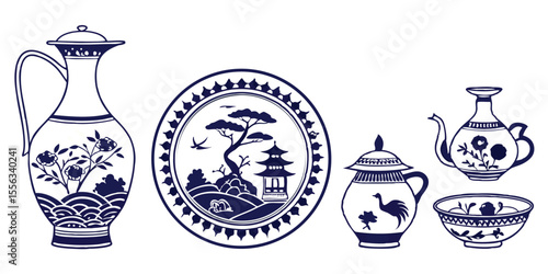Collection of traditional chinese porcelain objects silhouette isolated on white background
